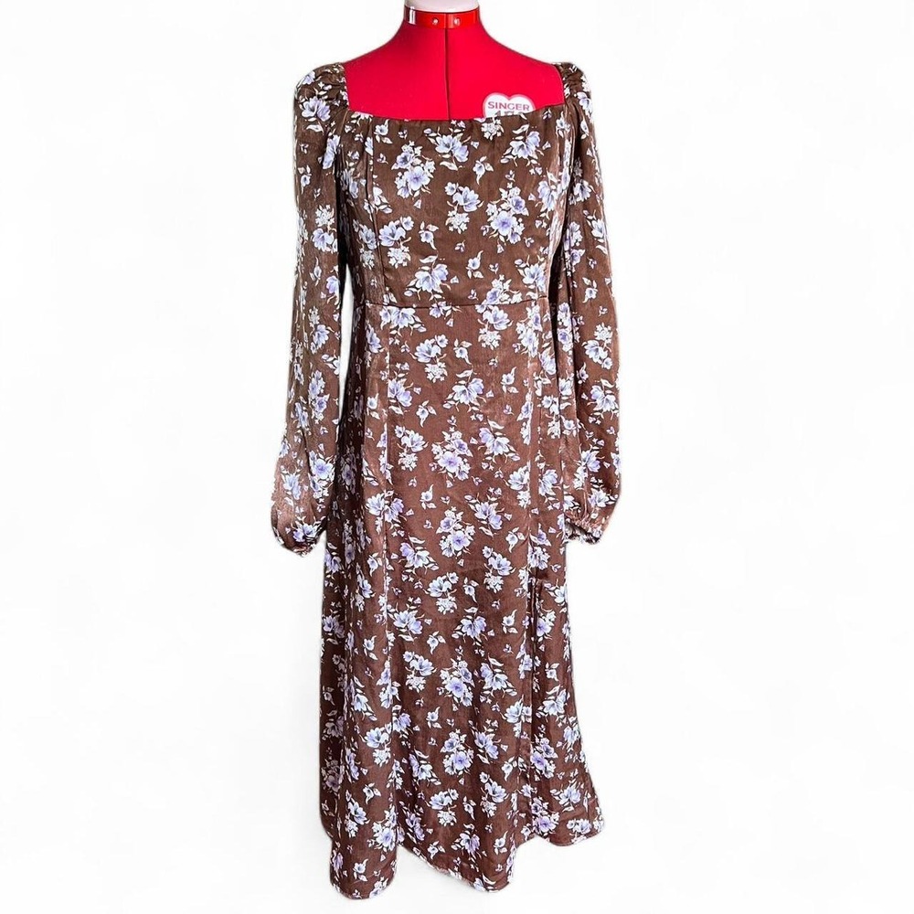 Mi Ami Francesca's Brown Satin Floral Midi Dress Boho Cottagecore Wedding Guest